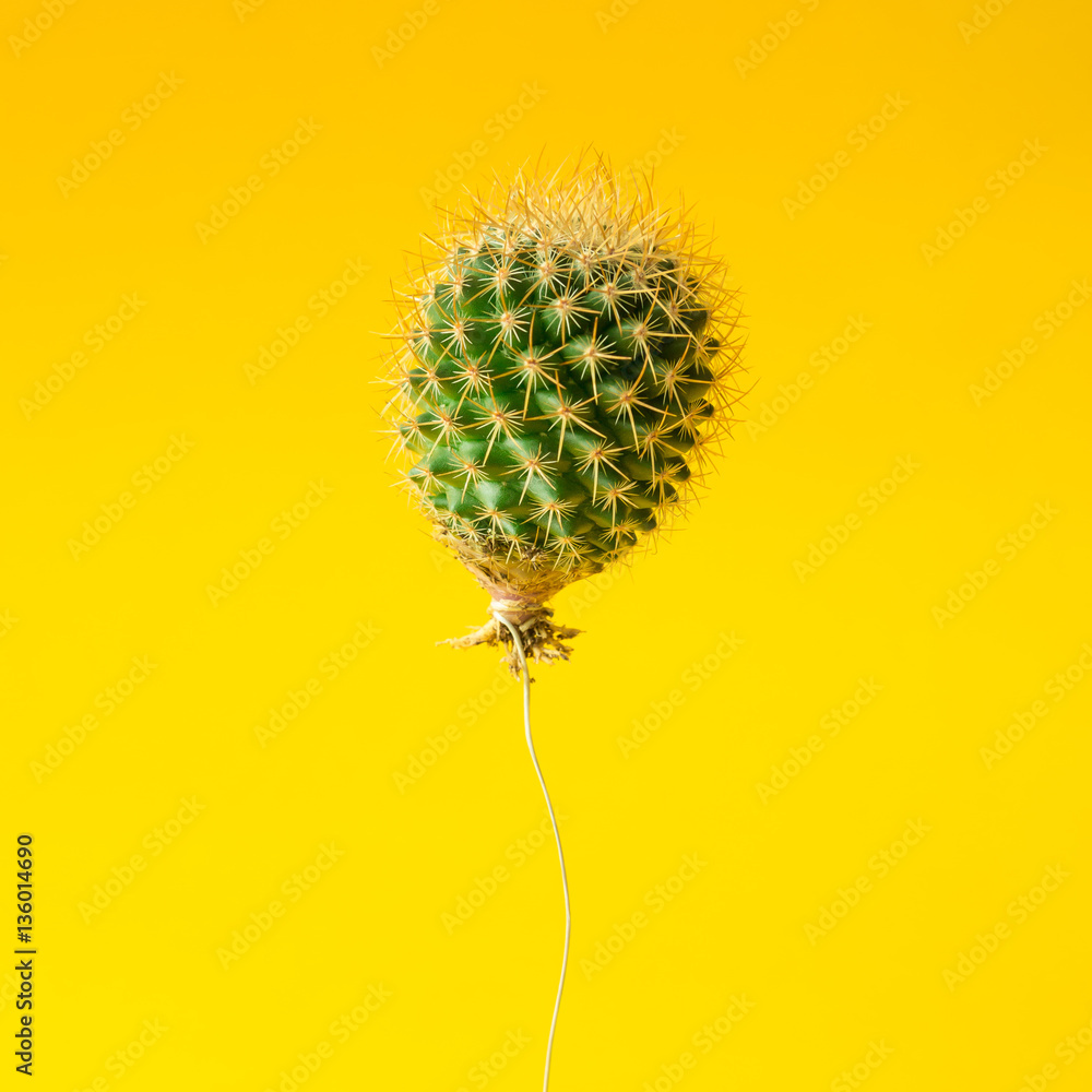 Cactus balloon on bright yellow background. Creative minimal con - obrazy, fototapety, plakaty 