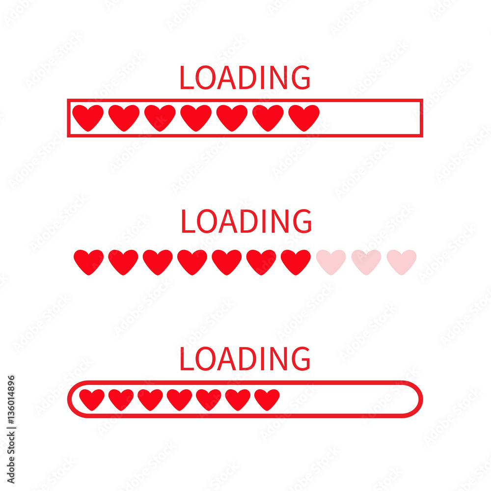 Loading progress status bar icon set. Love collection. Red heart. Funny  happy valentines day  design app download timer. White  background. Flat trendy object. Isolated. Stock Vector | Adobe Stock
