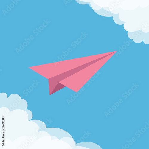 Flying origami pink paper plane. Cloud in corners frame. Transportation collection. Greeting card Typographical blue sky background. Flat design