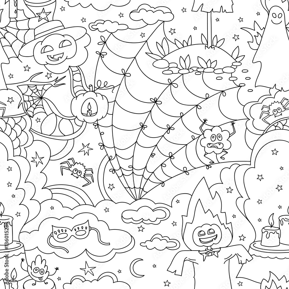 Happy Halloween seamless pattern with pumpkins, ghosts, spiders.