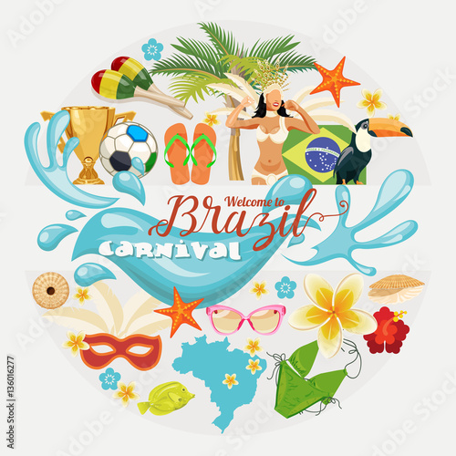 Vector travel poster of Brazil with colorful modern design, brazilian landscape and monuments. Rio de Janeiro advertising card with statue of Jesus. Carnival of Samba. Brazilian football symbols