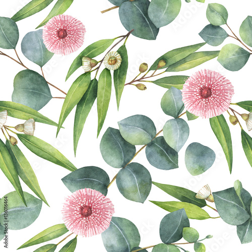 Watercolor seamless pattern with eucalyptus leaves and branches.