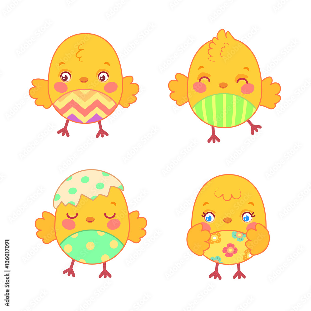 Set with cute cartoon chickens with painted belly on white background. Happy Easter design elements with chicks. Vector illustration for greeting card, scrapbook, party decoration, etc. Set with cute cartoon chickens with painted belly on white background. Happy Easter design elements with chicks. Vector illustration for greeting card, scrapbook, party decoration, etc.