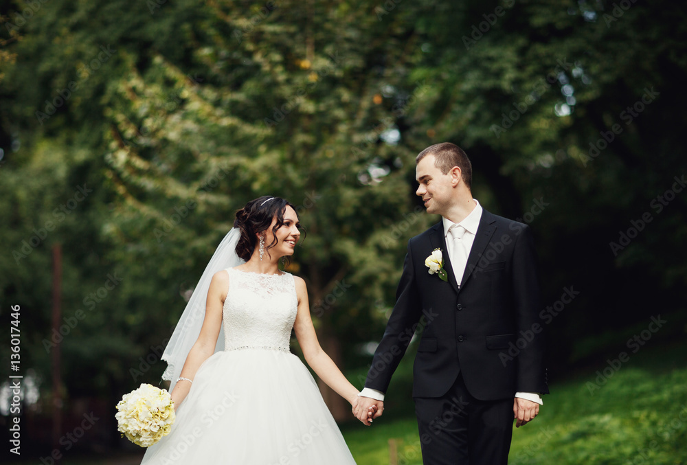 Joyful newlyweds are walking in the lovely park Joyful newlyweds are walking in the lovely park