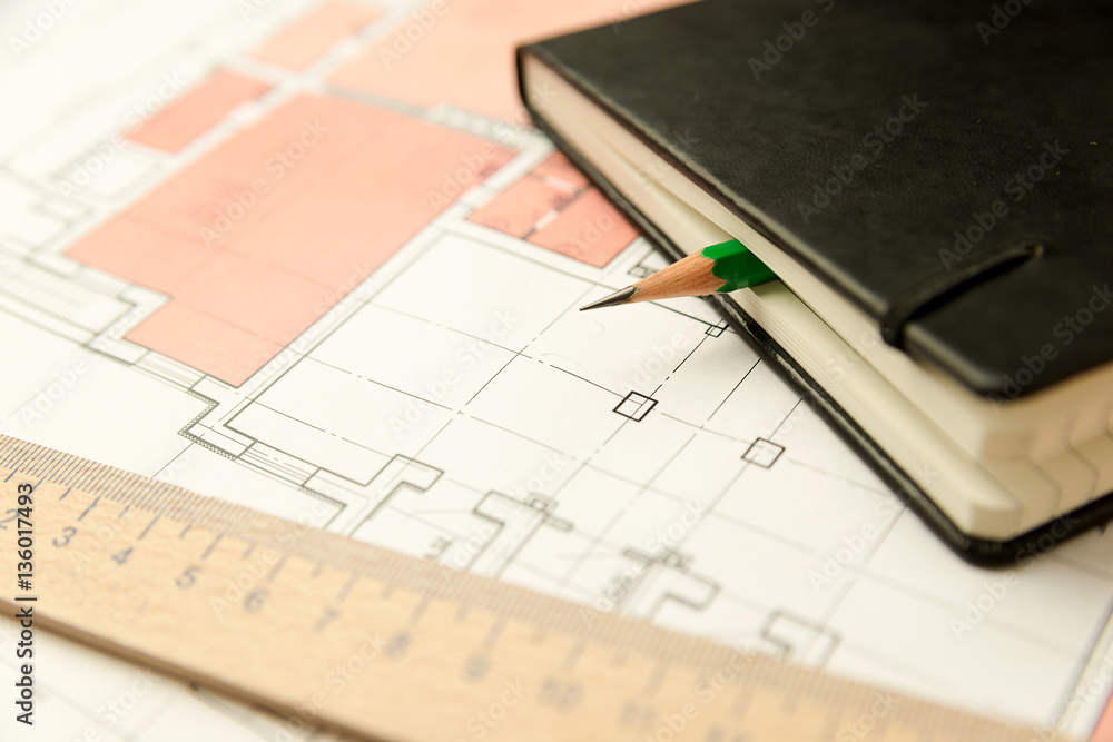 On the sheet of the drawing is a pencil with Notepad On the sheet of the drawing is a pencil with Notepad