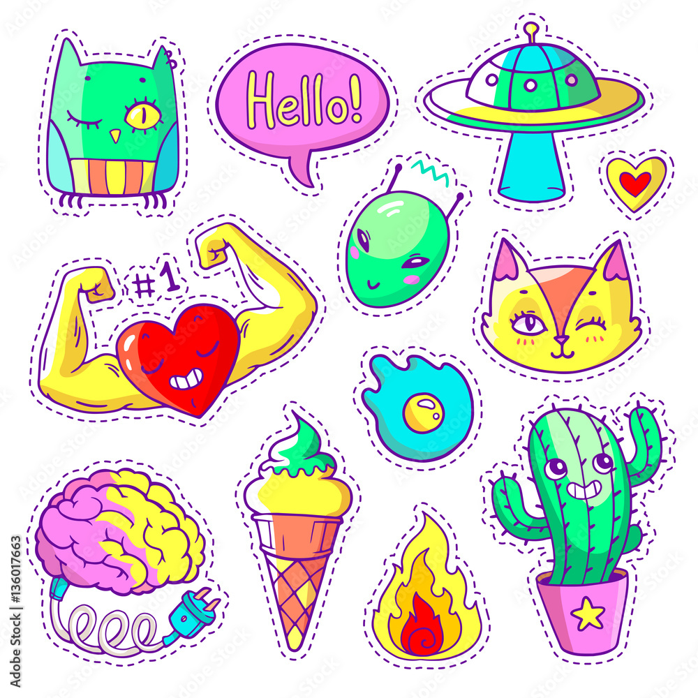 Cool set of stickers in 80s-90s pop art style. Neon trendy patch badges and pins with cartoon characters, animals, food and things. Vector doodles with muscular heart, strange cactus, alien etc.