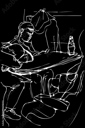 vector sketch of a young man sleeping on a table by the window i