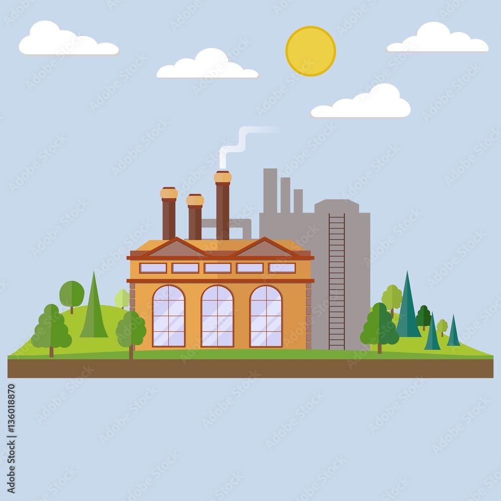 Plant or Factory Building. Eco style factory. Forest in flat style. Flat Style Vector Illustration.