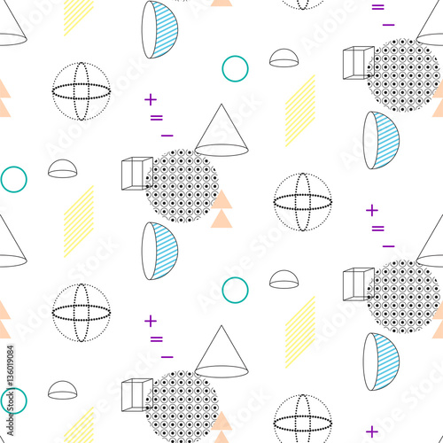 Cones and spheres seamless vector pattern. Abstract shapes, color blocks and elements in eighties fashion style. Geometry lines on white.