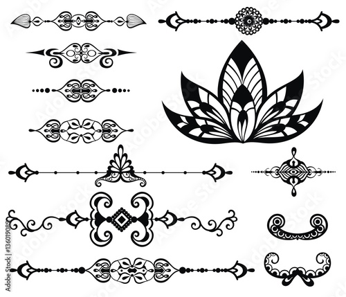 Vector floral decor set, collection of hand drawn doodle boho style elements