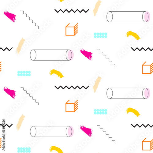 Lines and cylinders 90s seamless vector pattern. Abstract shapes, color blocks and elements in eighties fashion style. Geometry lines on white.