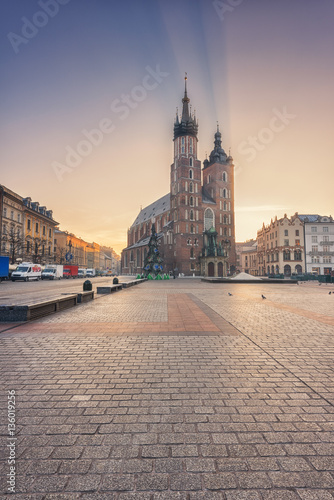St. Mary's church (Mariacki cathedral) at the Market square in Krakow before sunrise, Poland, Europe, vertical image
