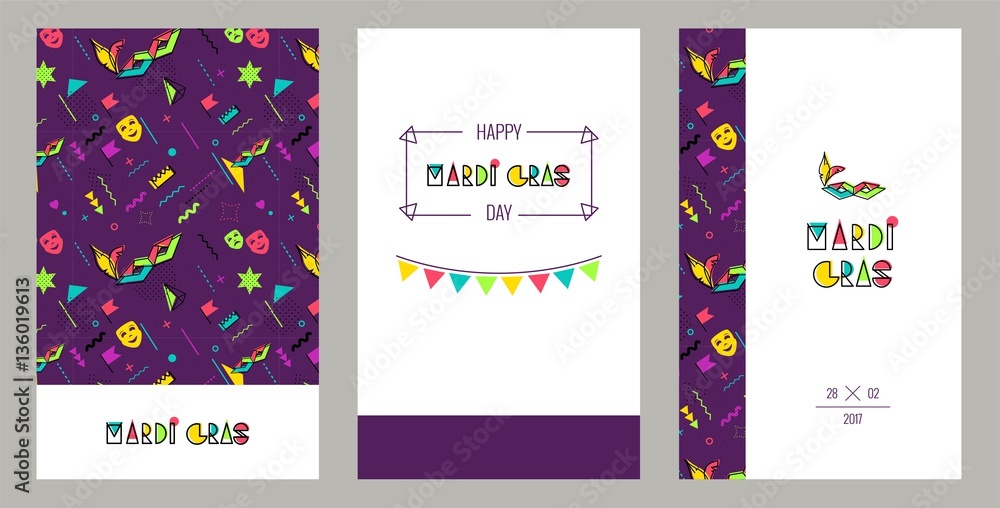 Carnival invitation cards in 80s memphis style. Mardi Gras Party Posters. Vector flat illustration