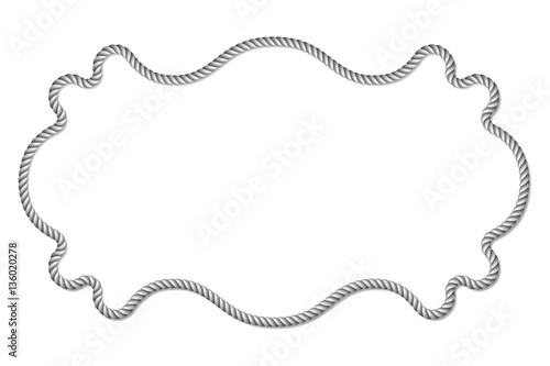 Gray rope woven vector border with rope knots, horizontal vector frame, isolated on white background