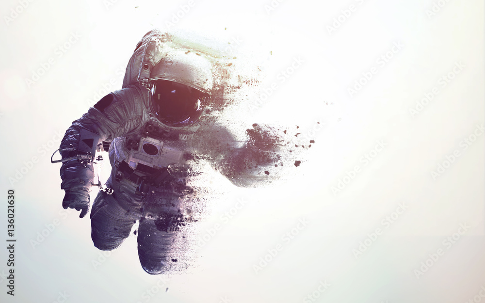 Astronaut in outer space modern minimalistic art. Dualtone, anaglyph. Elements of this image furnished by NASA - obrazy, fototapety, plakaty 