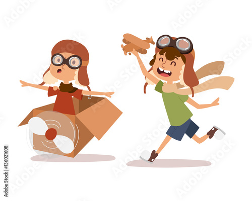 Cartoon vector kids playing pilot aviation character.