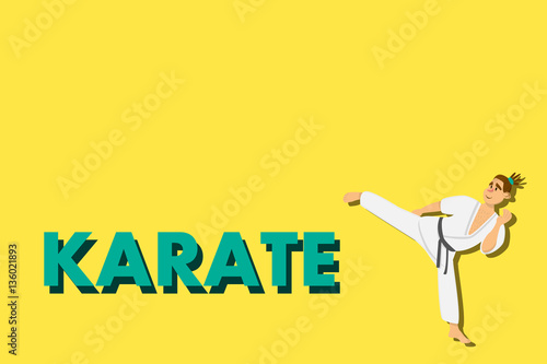 Cartoon karate man wearing kimono training. comic character on yellow background. Flat design