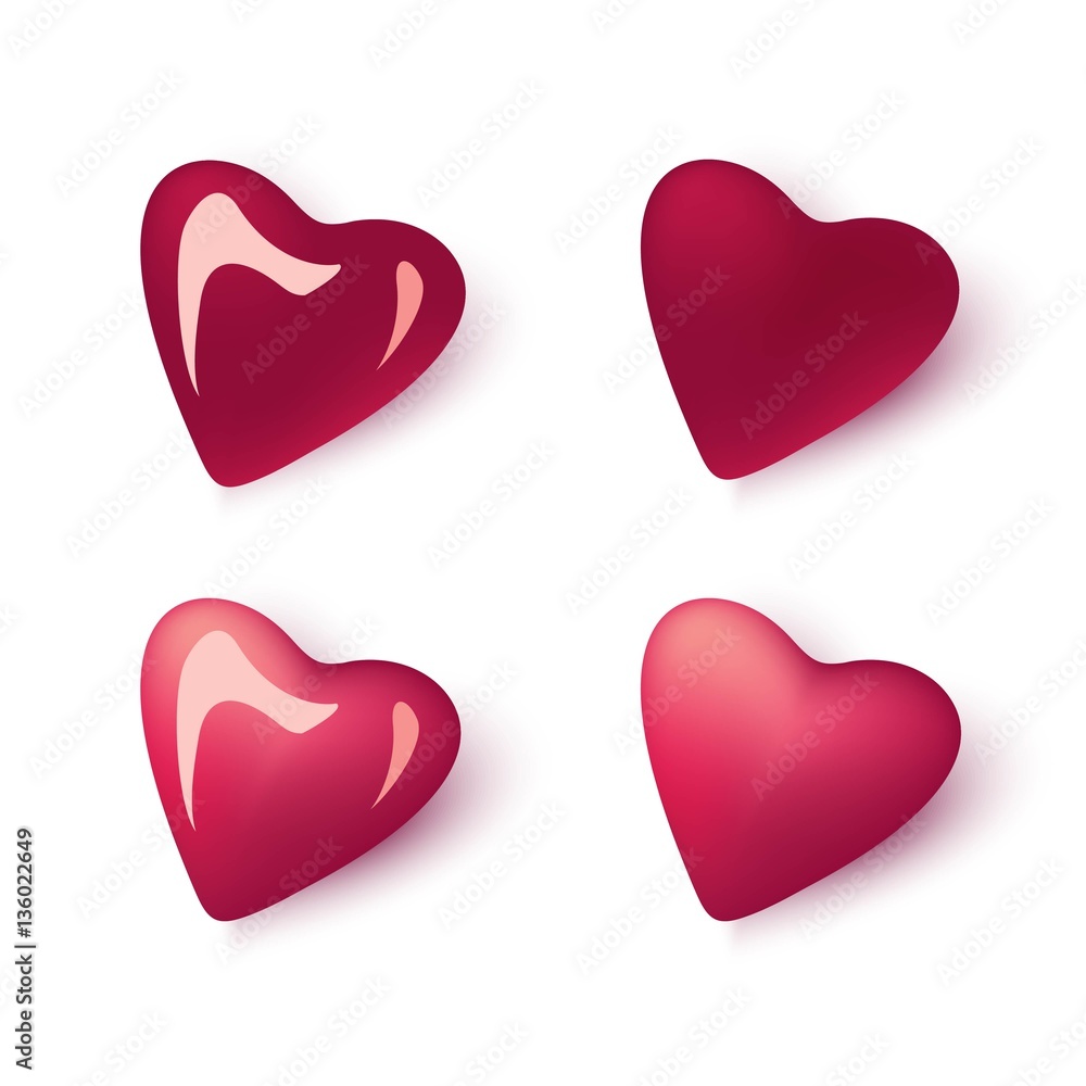 3d glossy hearts isolated on white. Valentines Day Red Sweet Balloon Hearts. Vector illustration
