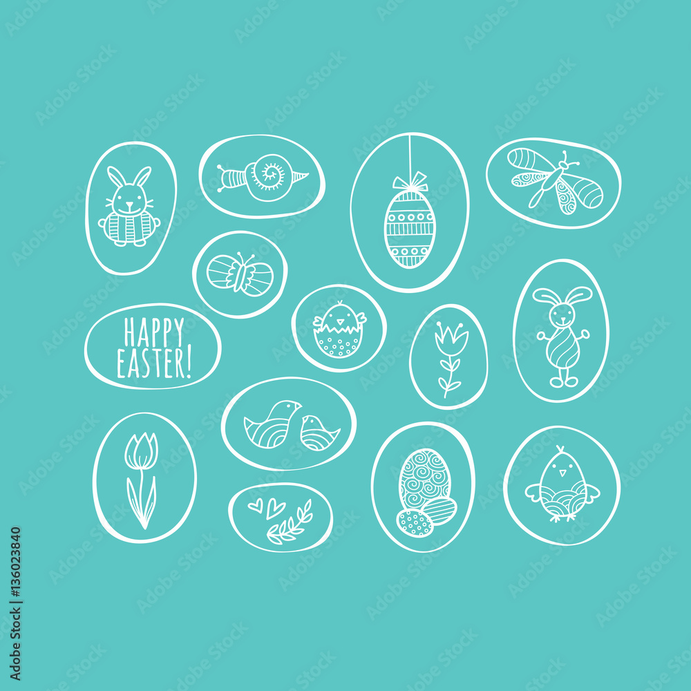 Happy Easter Hand Drawn Doodle Vector - Cute vector illustration of a cloud with the words happy easter surrounded by a bunny, chick, easter eggs, butterflies, swirls, and flowers Happy Easter Hand Drawn Doodle Vector - Cute vector illustration of a cloud with the words happy easter surrounded by a bunny, chick, easter eggs, butterflies, swirls, and flowers