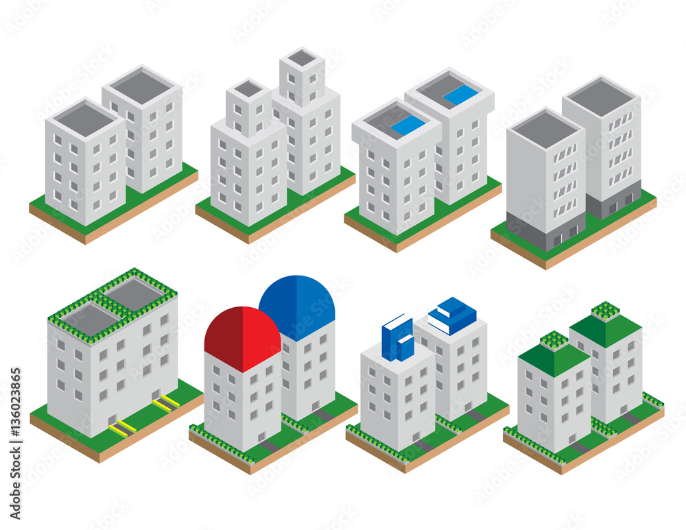 Set of the isometric vector elements. Skyscrapers, park with pon Set of the isometric vector elements. Skyscrapers, park with pon