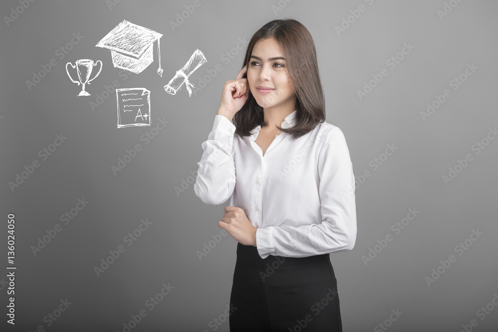 Beautiful university student with education success icon Beautiful university student with education success icon