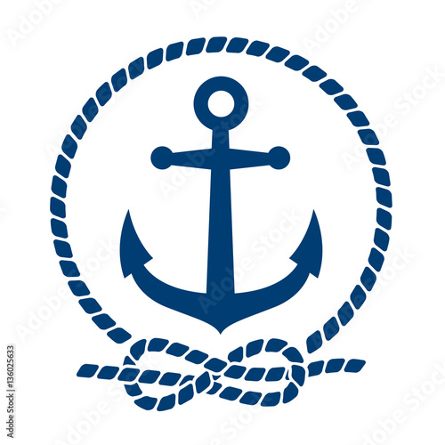 Icono plano ancla con circulo de cuerda azul en fondo blanco