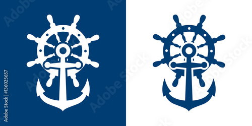 Icono plano ancla sobre timon azul y blanco