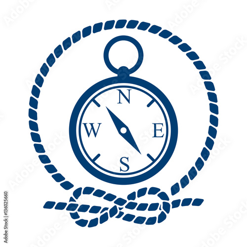 Icono plano brujula con circulo de cuerda azul en fondo blanco