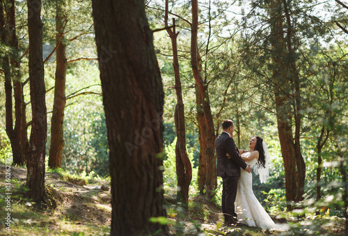 Amazing moment of the young newlyweds in the wood
