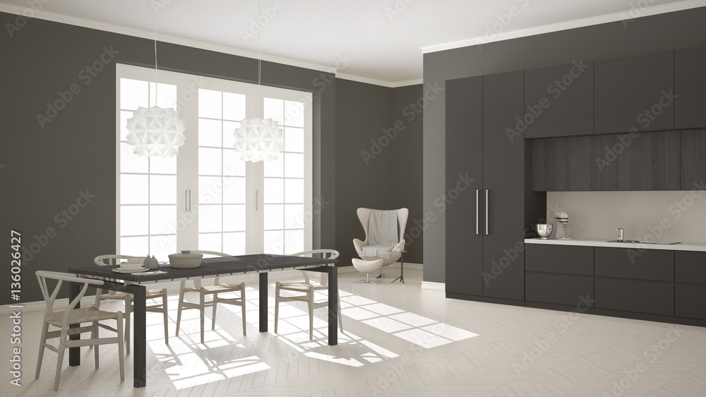 Fototapeta premium Scandinavian classic white kitchen with wooden and gray details,