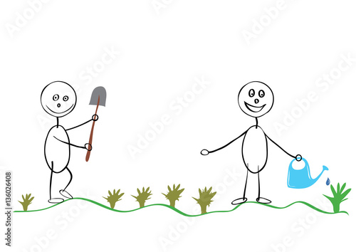  planting seedlings in the garden/ Two farmers with a shovel and watering can for watering work together 