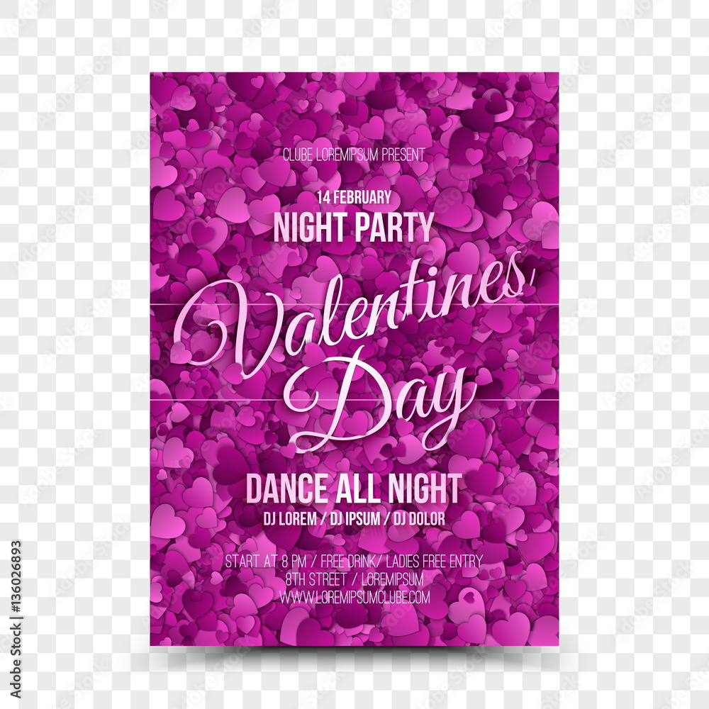 Vector Flyer Design Template Valentines Day Night Party on Transparent Backdrop