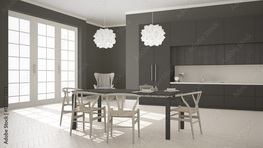 Scandinavian classic white kitchen with wooden and gray details, Scandinavian classic white kitchen with wooden and gray details,