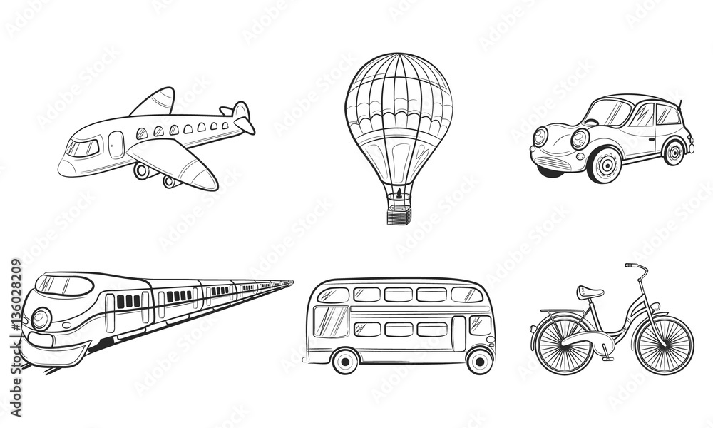Hand draw sketch Transportation Travel icons: plane, train, bus, car ...