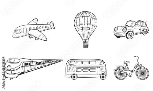 Hand draw sketch Transportation Travel icons: plane, train, bus, car, balloon. Vector illustration