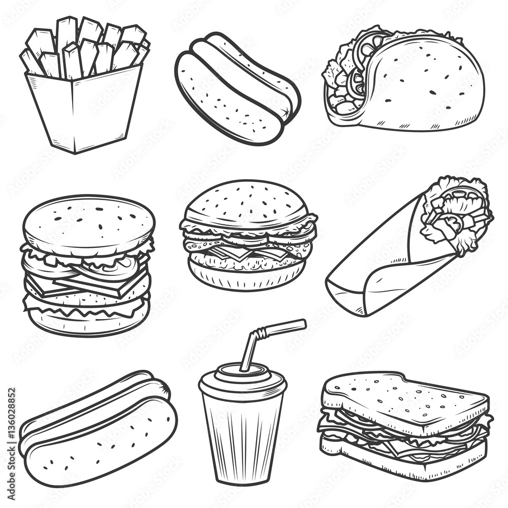 Hot dog, burger, taco, sandwich, burrito .Set of fast food icons Hot dog, burger, taco, sandwich, burrito .Set of fast food icons