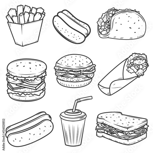 Hot dog, burger, taco, sandwich, burrito .Set of fast food icons