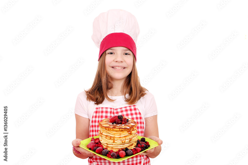 happy little girl cook with pancakes happy little girl cook with pancakes