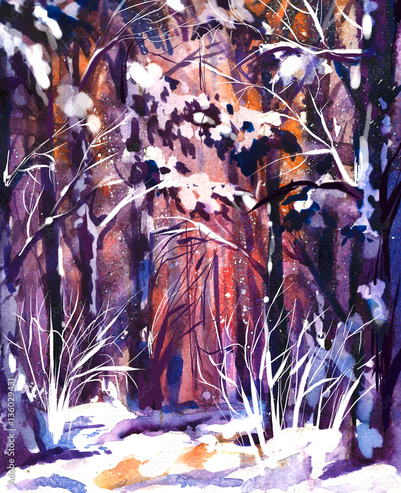 Hand Drawn Watercolor Painting Of Winter Forest Landscape Stock