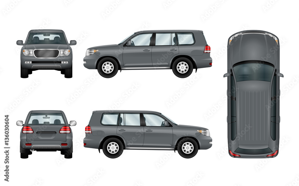 Off road car template. Vector isolated suv on white. The ability to easily change the color. View from side, back, front and top. All sides in groups on separate layers. Off road car template. Vector isolated suv on white. The ability to easily change the color. View from side, back, front and top. All sides in groups on separate layers.