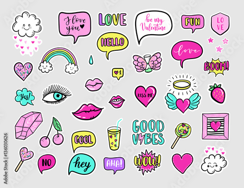 Vector hand drawn fashion patches for Happy Valentines Day. rainbow, cloud, doughnut, cake, camera, lip, heart, speech bubble. Modern set of pop art stickers, patches, pins in 80s-90s cartoon style