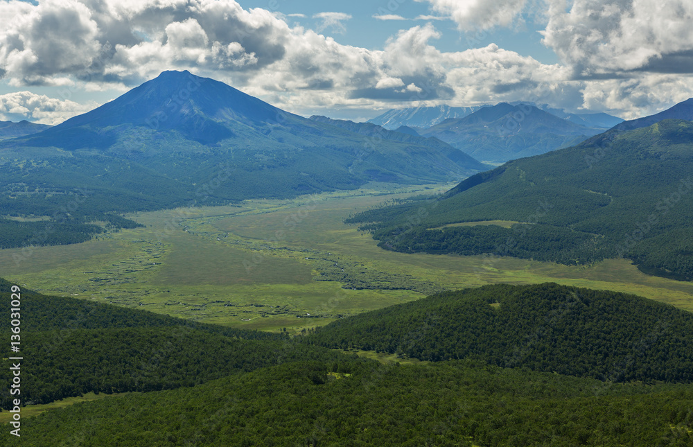 Fototapeta premium Kronotsky Nature Reserve on Kamchatka Peninsula. View from helicopter.