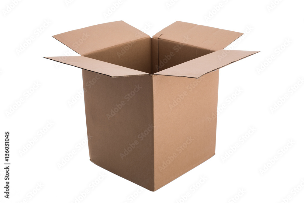 Open cardboard box on white