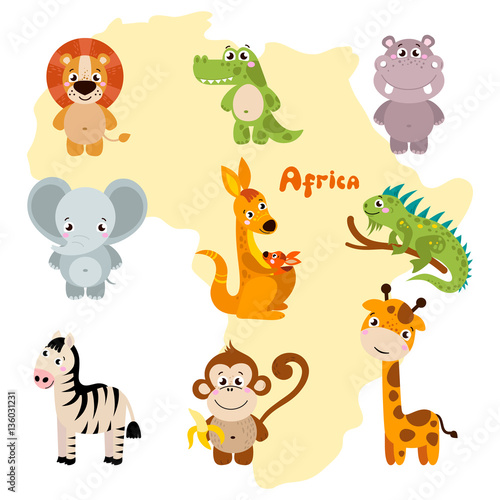 Animals of Africa. Vector set of cartoon jungle animals: lion, crocodile, hippo, elephant, kangaroo, iguana, zebra, monkey, giraffe. Vector illustration
