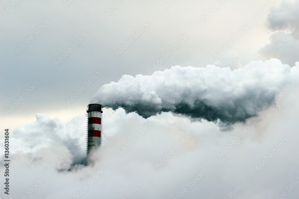 big cloud of smoke coming out of  power plant chimney, pollution - obrazy, fototapety, plakaty 