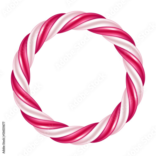 Round swirl candy cane background border. Hard candy frame.