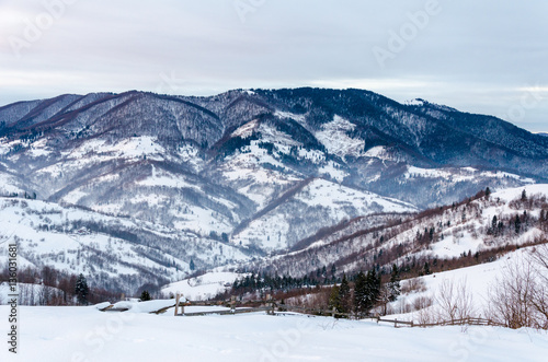 Winter mountain view at dawn wooden fence in snow, blue, green t