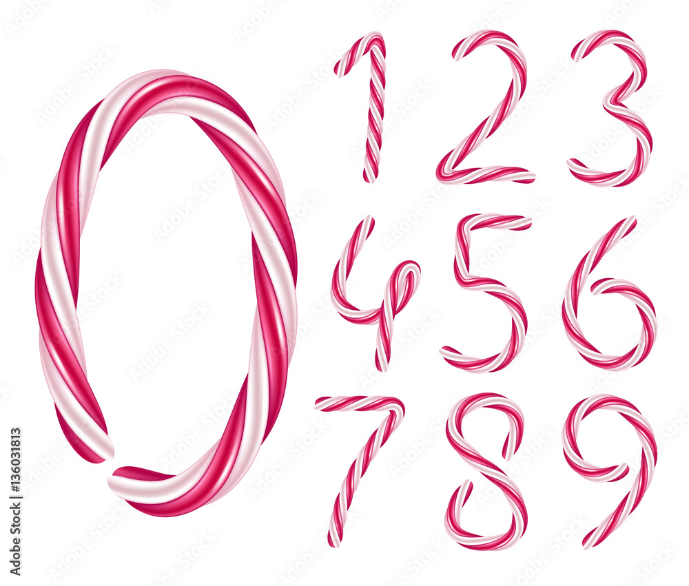 Candy cane numbers set. Hard candy digits.