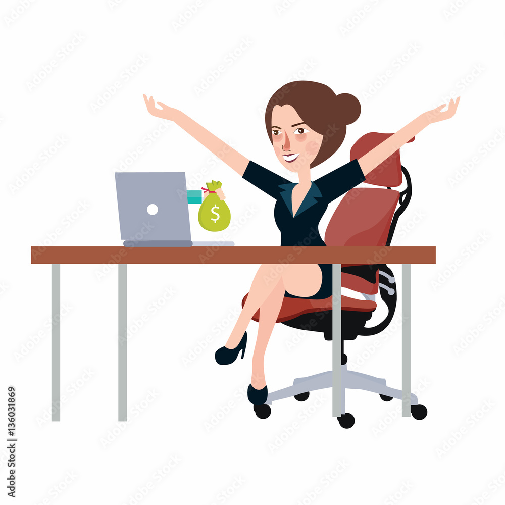 Getting money from laptop monitor screen - Online Transaction, Online Banking girl happy woman Getting money from laptop monitor screen - Online Transaction, Online Banking girl happy woman