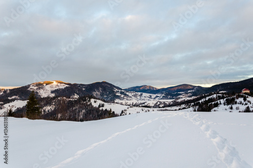 Winter mountain view at dawn wooden fence in snow, blue, green t © Svfotoroom